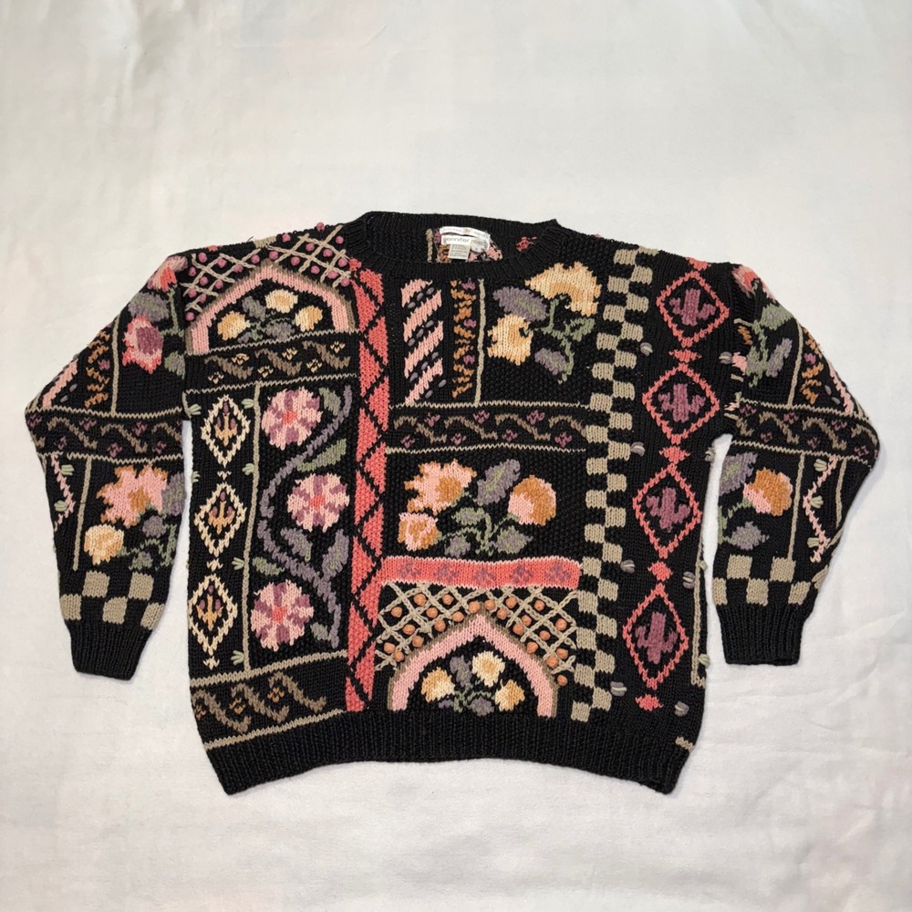 VTG Jennifer Reed Hand Knitted Patchwork Floral Sweater Black Small Textured 80s